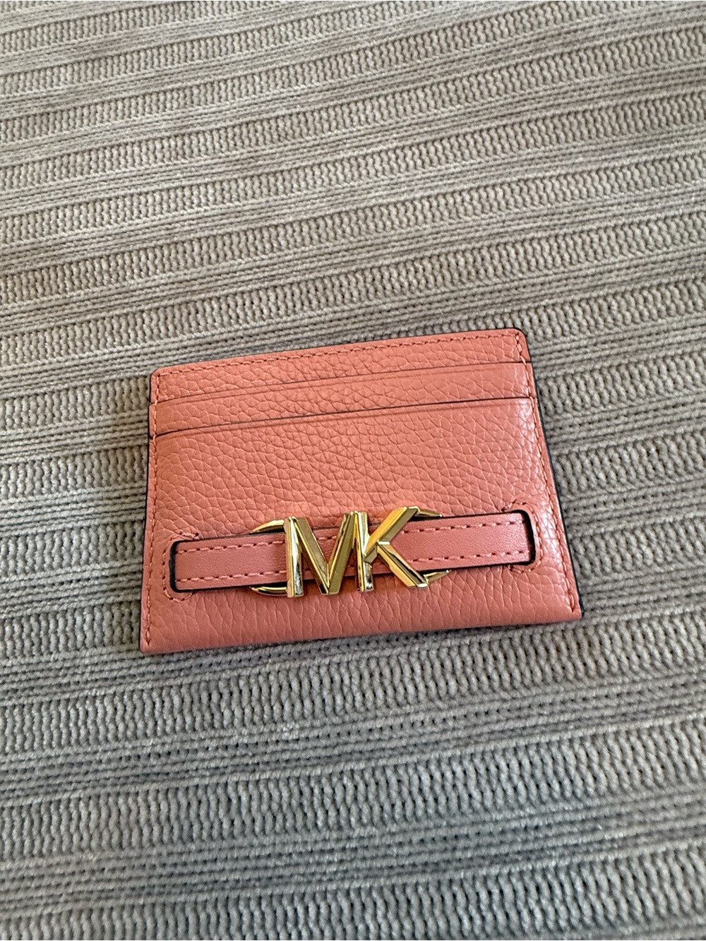 Michael Kors Coral Pink Pebbled Leather Card & Key Holder with Gold MK Emblem